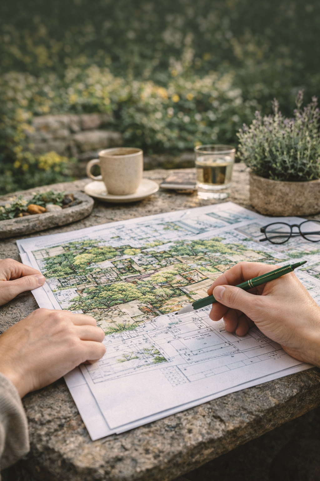 Someone working on landscape design plans outdoors on a stone table with a cup of coffee, glass of tea, and potted plant nearby.