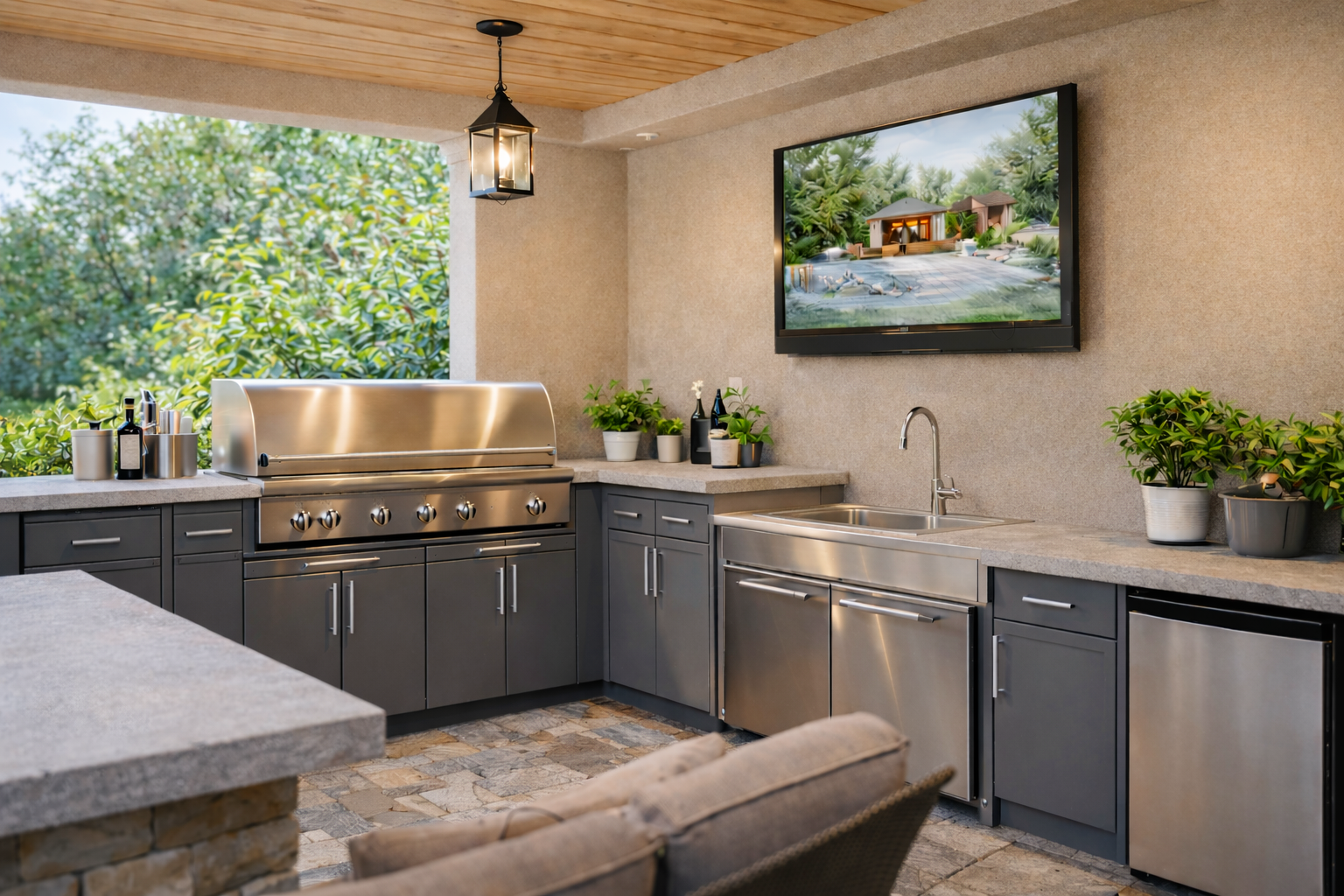 Outdoor kitchen with stainless steel grill, cabinets, a countertop with potted plants, a sink, and a mounted flat-screen TV showing a poolside scene, surrounded by greenery.
