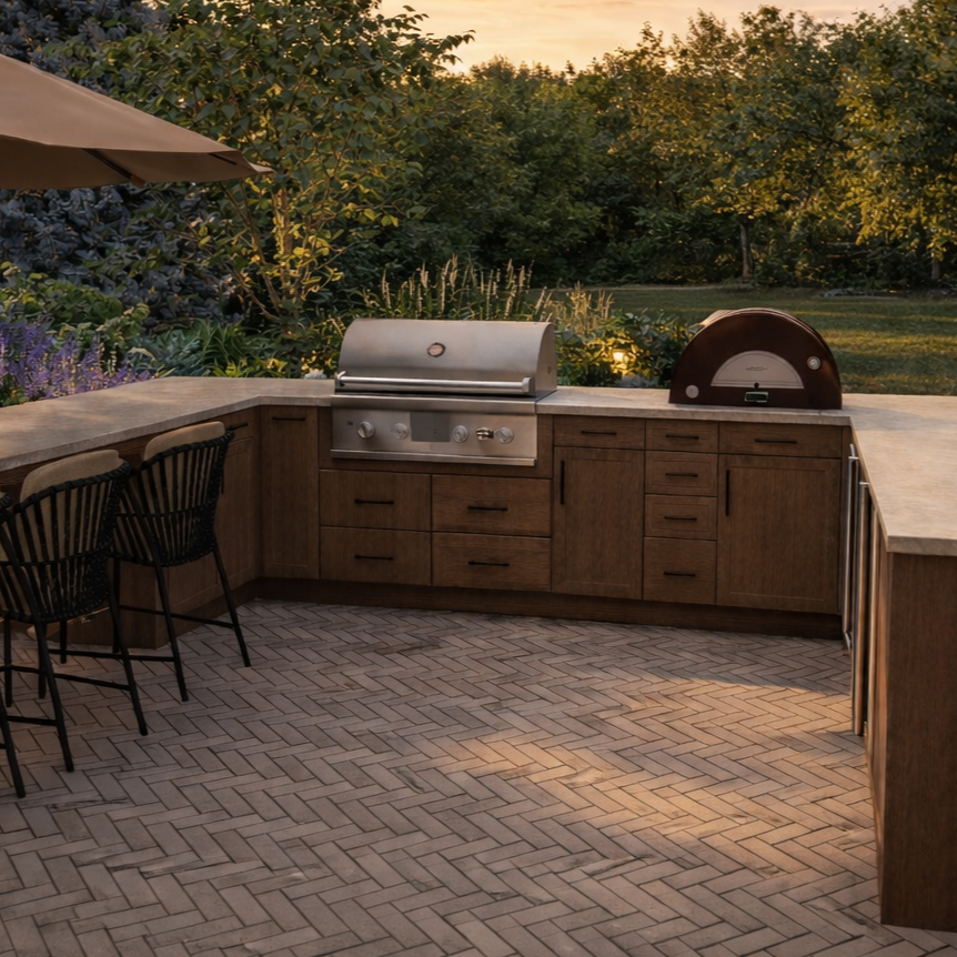 Outdoor kitchen area with a grill, a pizza oven, and barstools on a brick patio, surrounded by trees and bushes during sunset.