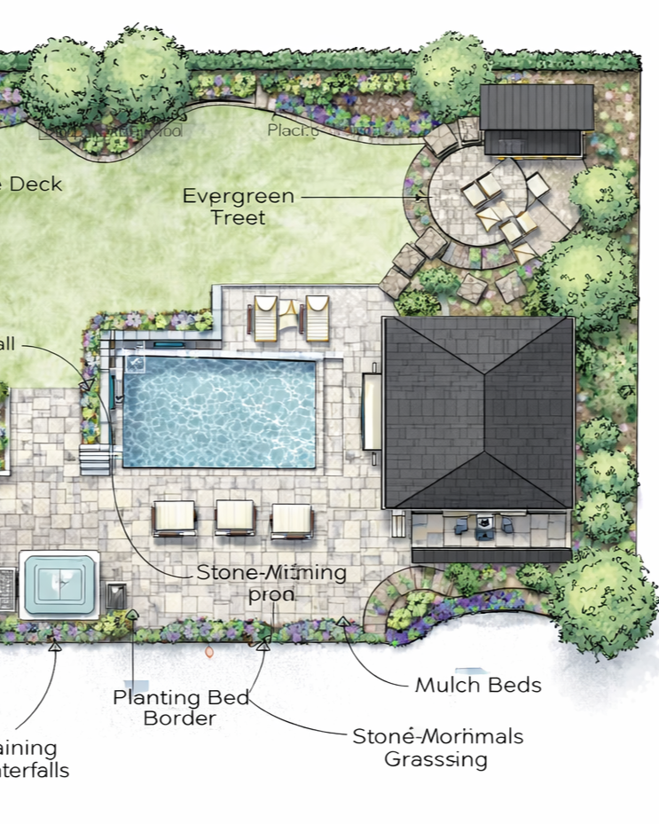 A backyard landscape design with a swimming pool, stone-masonry patio, planting bed border, mulch beds, stone-mormals grassing, evergreen fence, a small building or shed, seating areas, and decorative feature elements like a waterfall and circular patio with chairs.