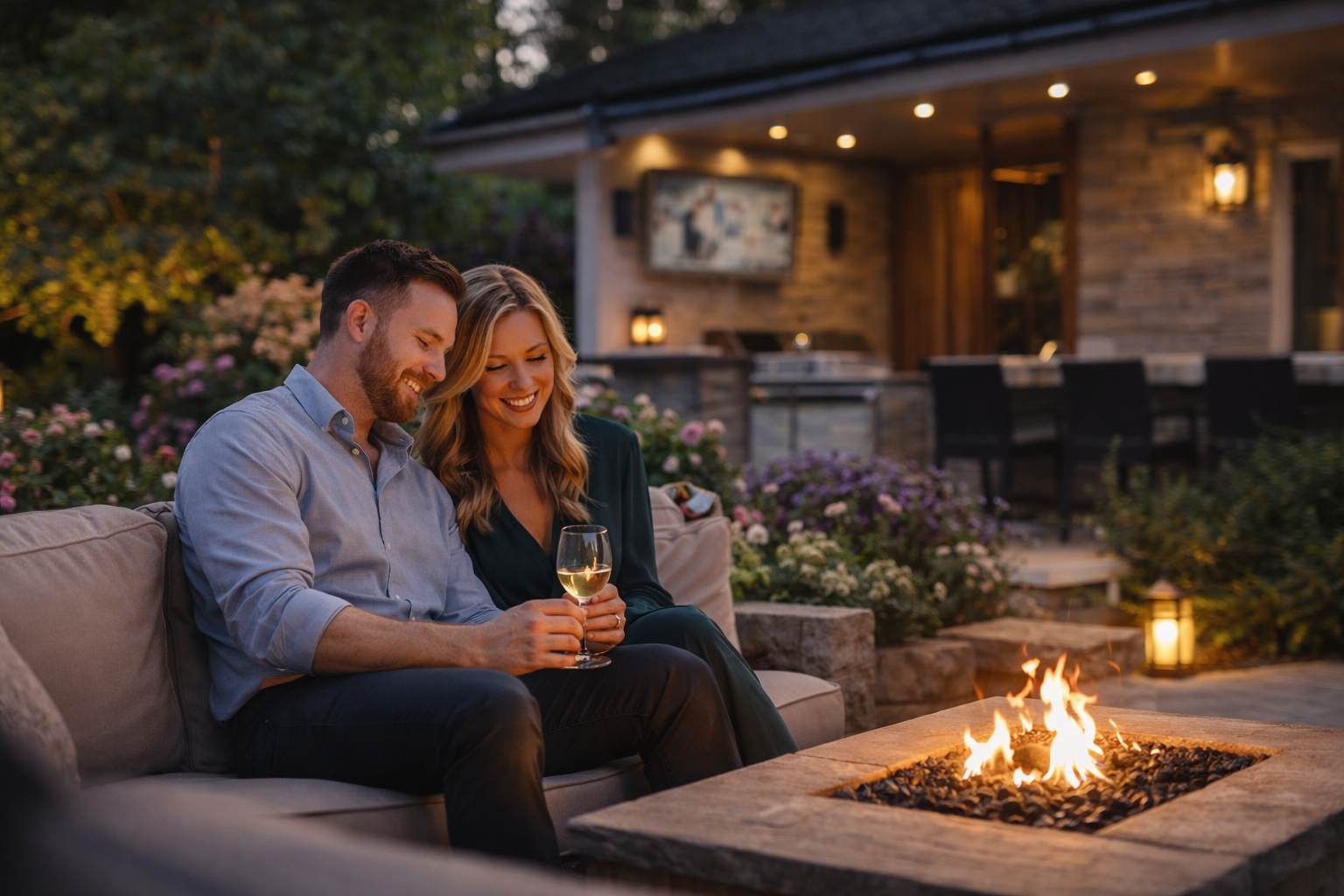 Two people sitting at a table, one typing on a laptop, the other with an open notebook, with a vase of white calla lilies, a glass of water, and decorative books on the table.