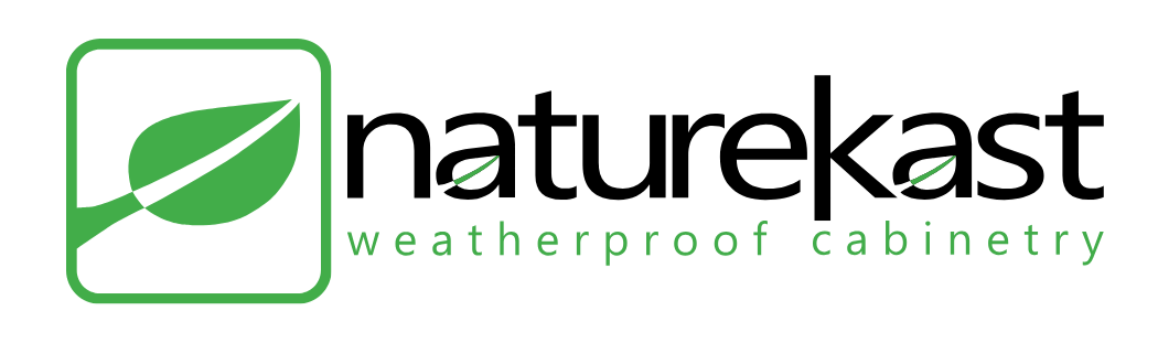 Logo with a green leaf inside a green square outline and the text 'weatherproof cabinetry' in green.