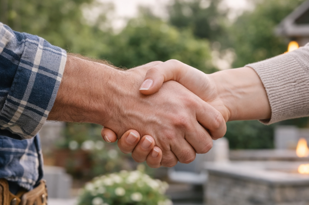 A handshake between two people outdoors with a blurred garden and fountains in the background.