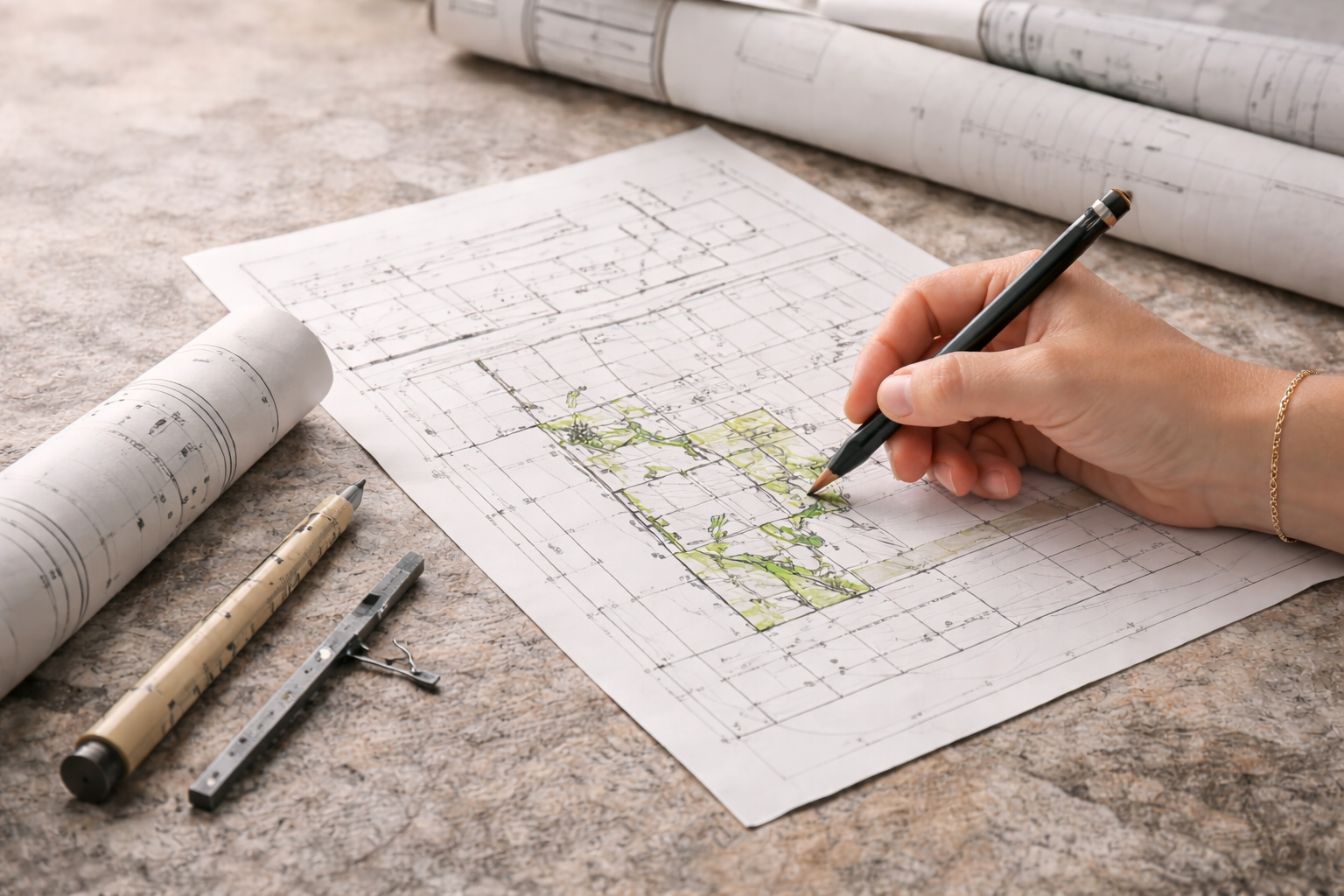 An architect's hand sketches details on a blueprint with architectural drawings, blueprints, a pencil, a scale, and rolled-up plans on a textured surface.