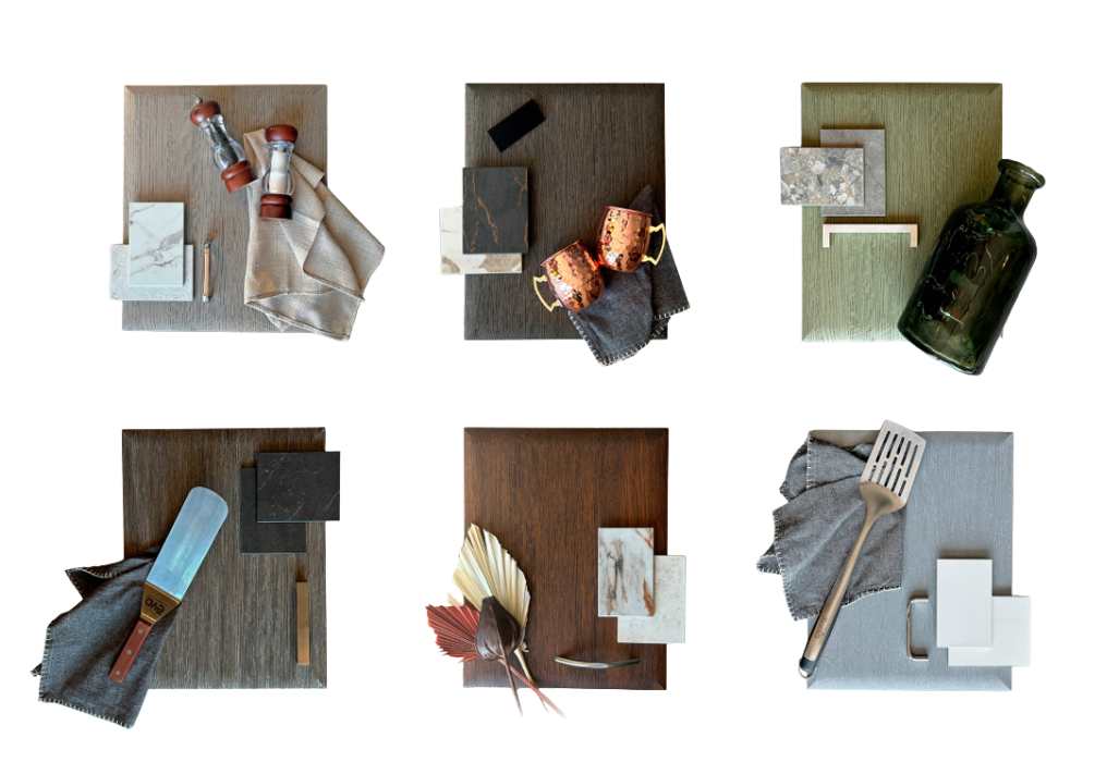 Six flatlay design boards with various decor and kitchen items, including tiles, cups, a bottle, a spatula, and decorative accents.