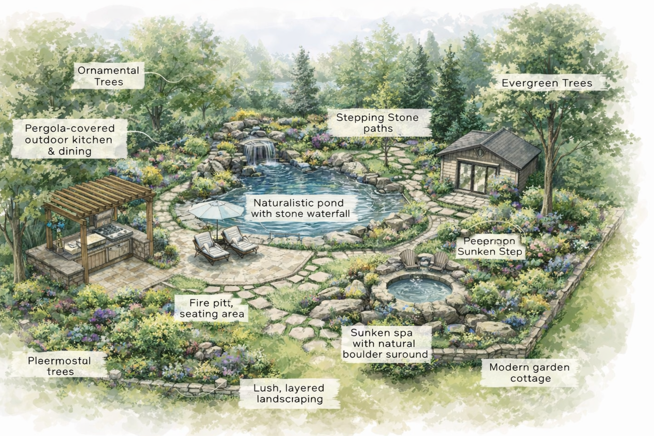 A colored illustration of a landscaped garden featuring a naturalistic pond with stone waterfall, stepping stone paths, a pergola-covered outdoor kitchen and dining area, a fire pit seating area, a sunken spa surrounded by natural boulders, a garden cottage, and various trees including ornamental, evergreen, and pleonostal trees.