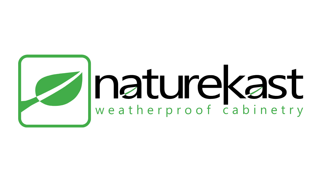 Logo for weatherproof cabinetry featuring a green leaf within a square, with the brand name 'weatherproof cabinetry' in lowercase green letters.
