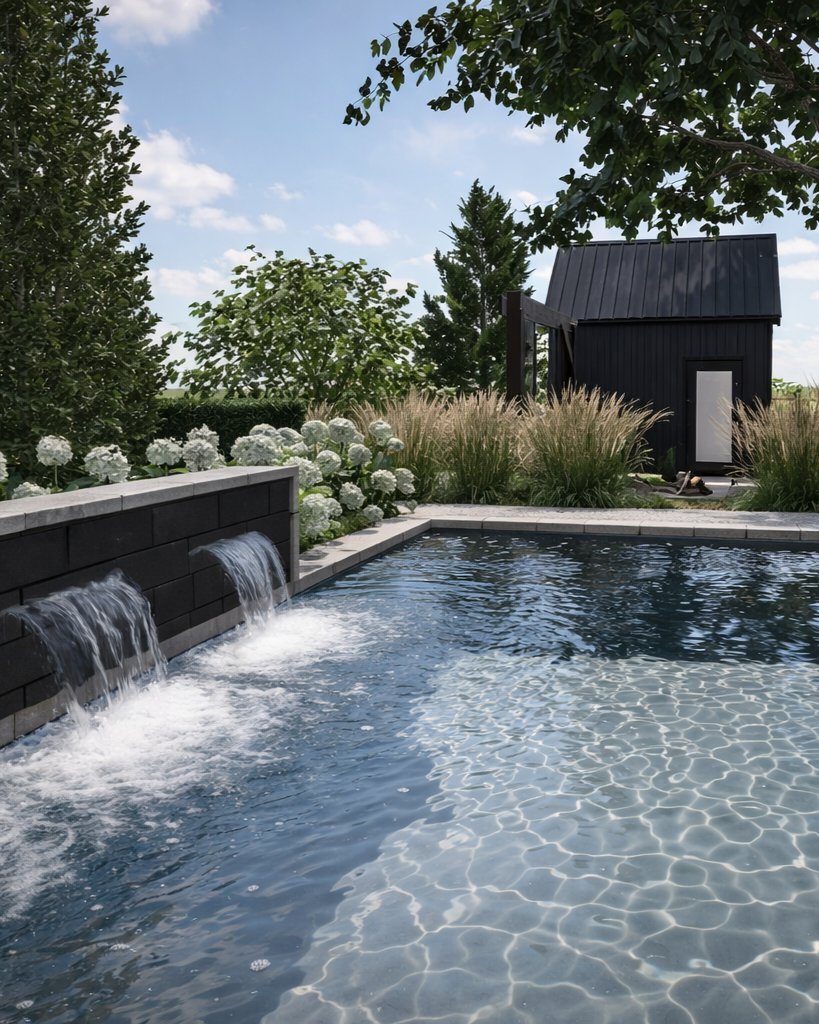 A backyard pool with a water feature flowing into it, surrounded by lush greenery, white hydrangea flowers, ornamental grasses, and a small black garden shed under a partly cloudy sky.