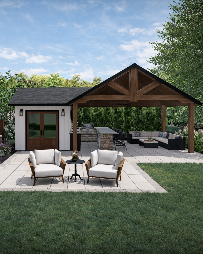 A backyard patio with outdoor furniture, a covered pavilion with a bar and seating, surrounded by green trees and grass under a blue sky.