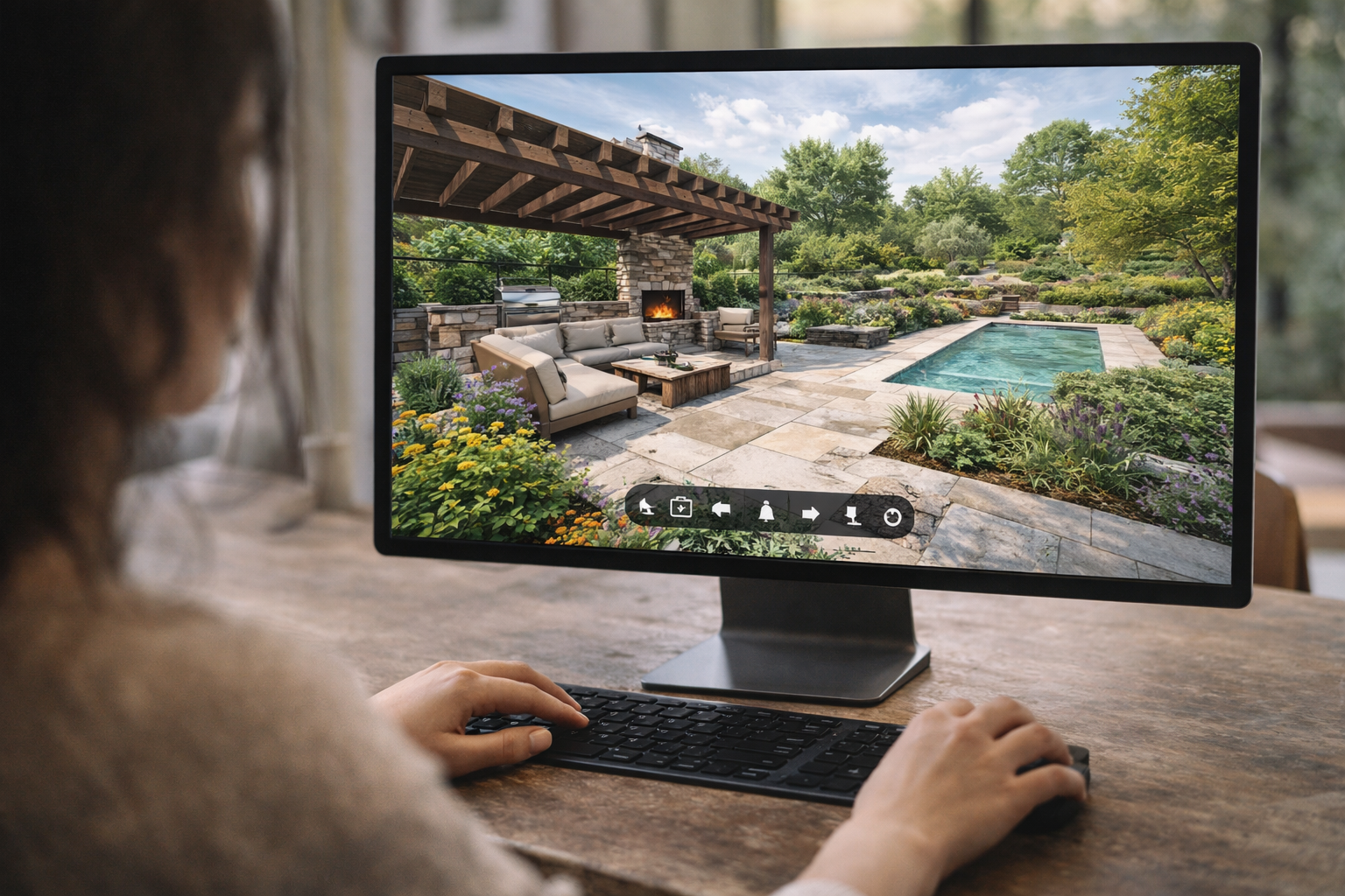Person viewing a landscape design of a backyard with a pool, stone pathway, lush greenery, and outdoor furniture on a computer screen.