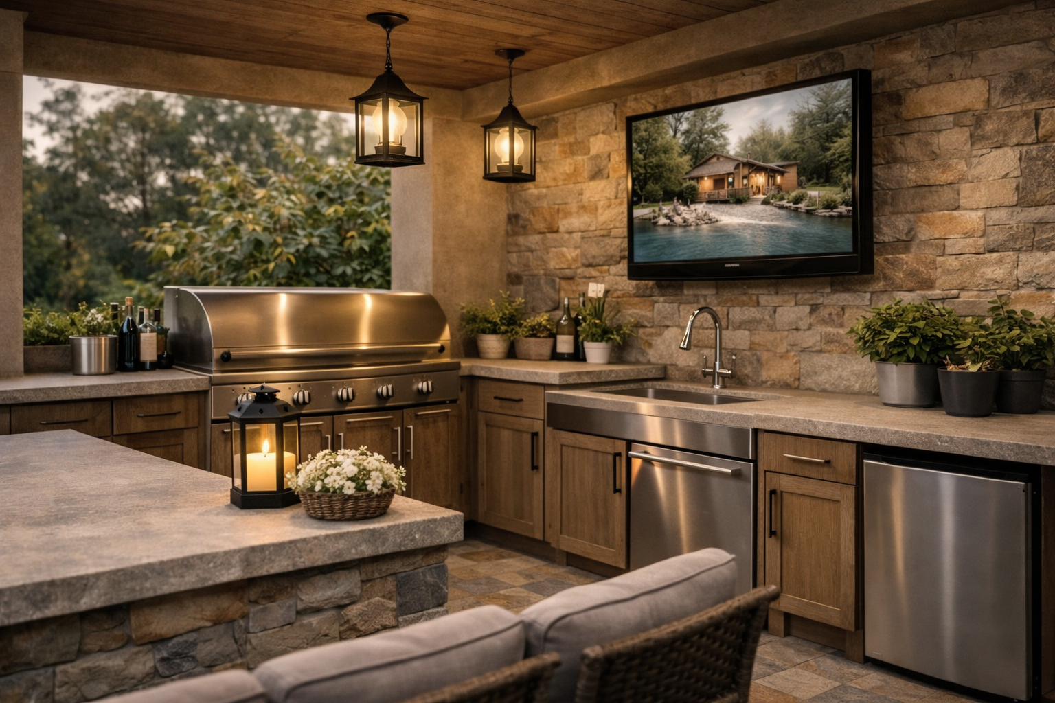Outdoor kitchen with stainless steel grill, stone countertops, wooden cabinets, and potted plants, illuminated by hanging lanterns and a candle lantern on the counter, with a mounted TV on a stone wall showing a house with water feature, and trees outside.