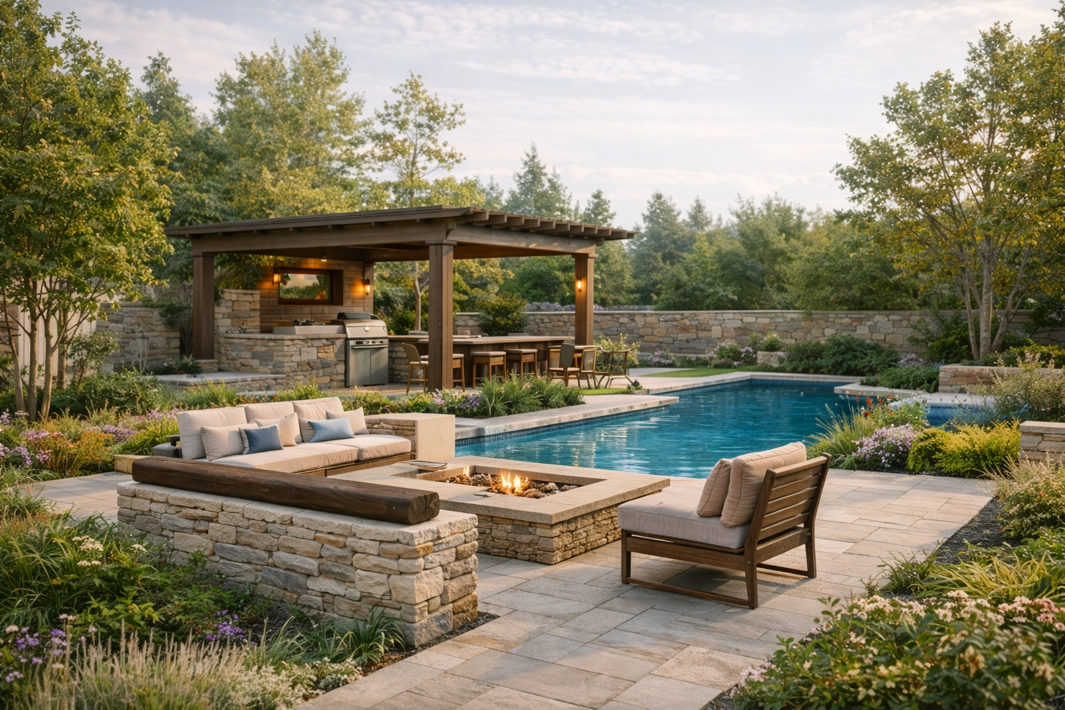 A backyard with a swimming pool, outdoor seating, a fire pit, a covered outdoor kitchen and dining area, surrounded by lush trees and colorful plants.