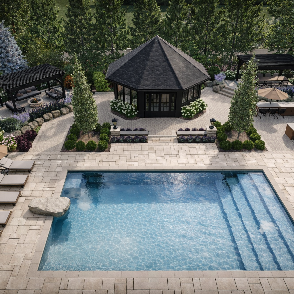 A backyard with a swimming pool, surrounded by umbrellas, lounge chairs, and a gazebo, with lush greenery and trees in the background.