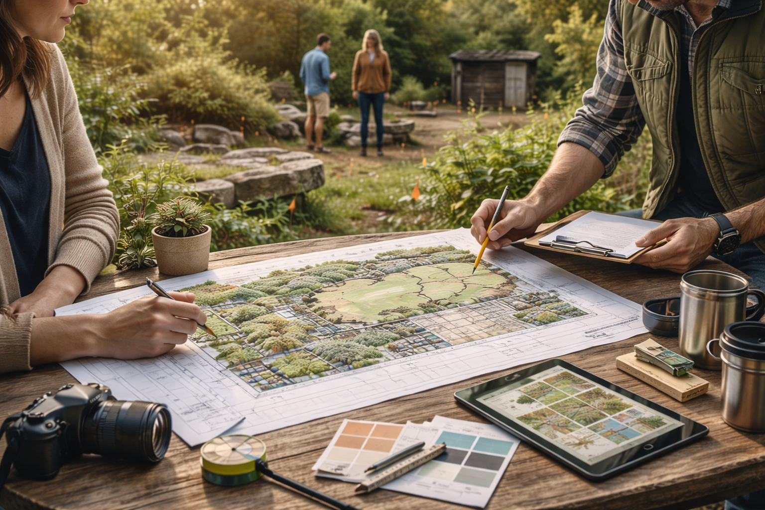 Two people working on landscape design plans at an outdoor table surrounded by greenery, with plants, color swatches, and planning tools, while two others walk in the background.