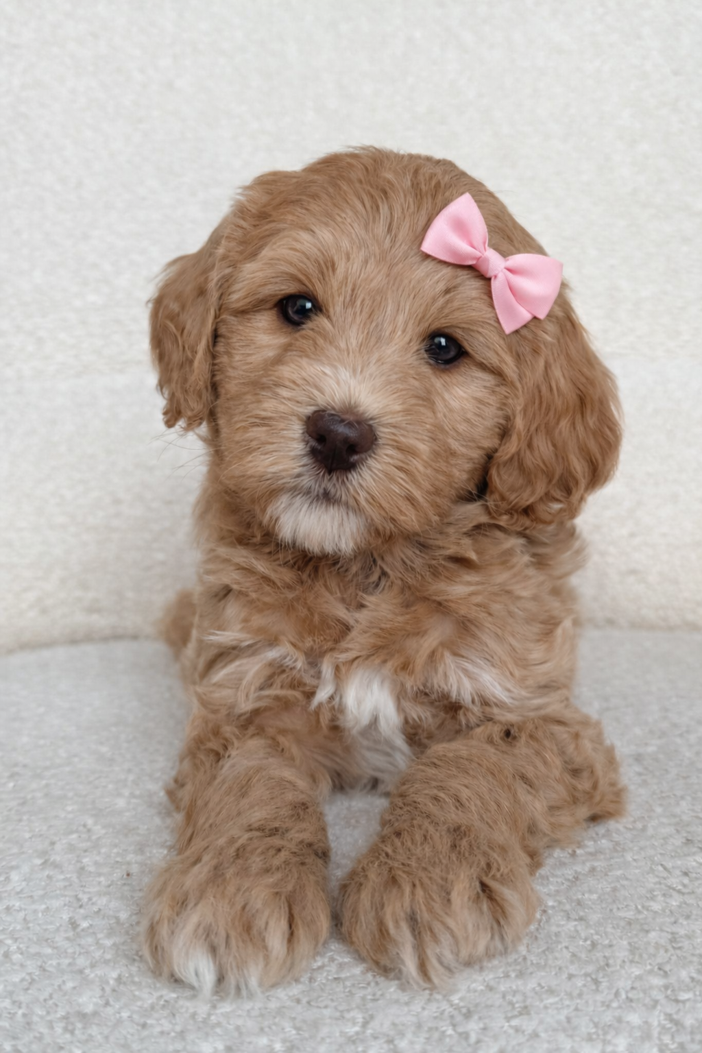 Adorable Labradoodle puppy with pink bow.png