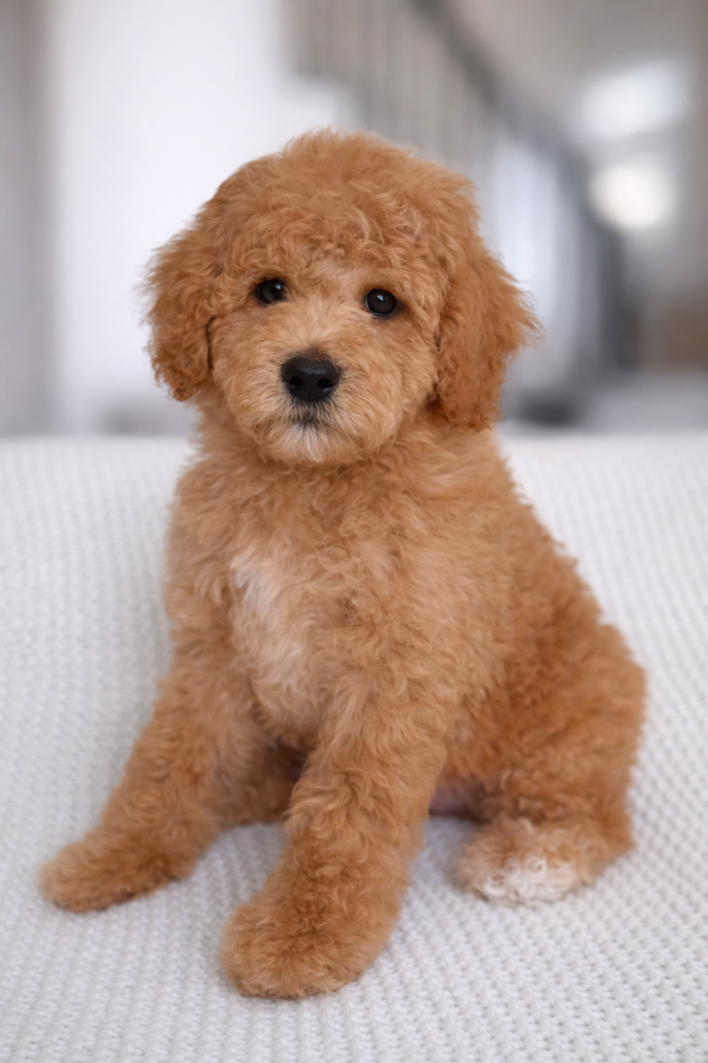 Adorable Goldendoodle puppy on knit blanket.png