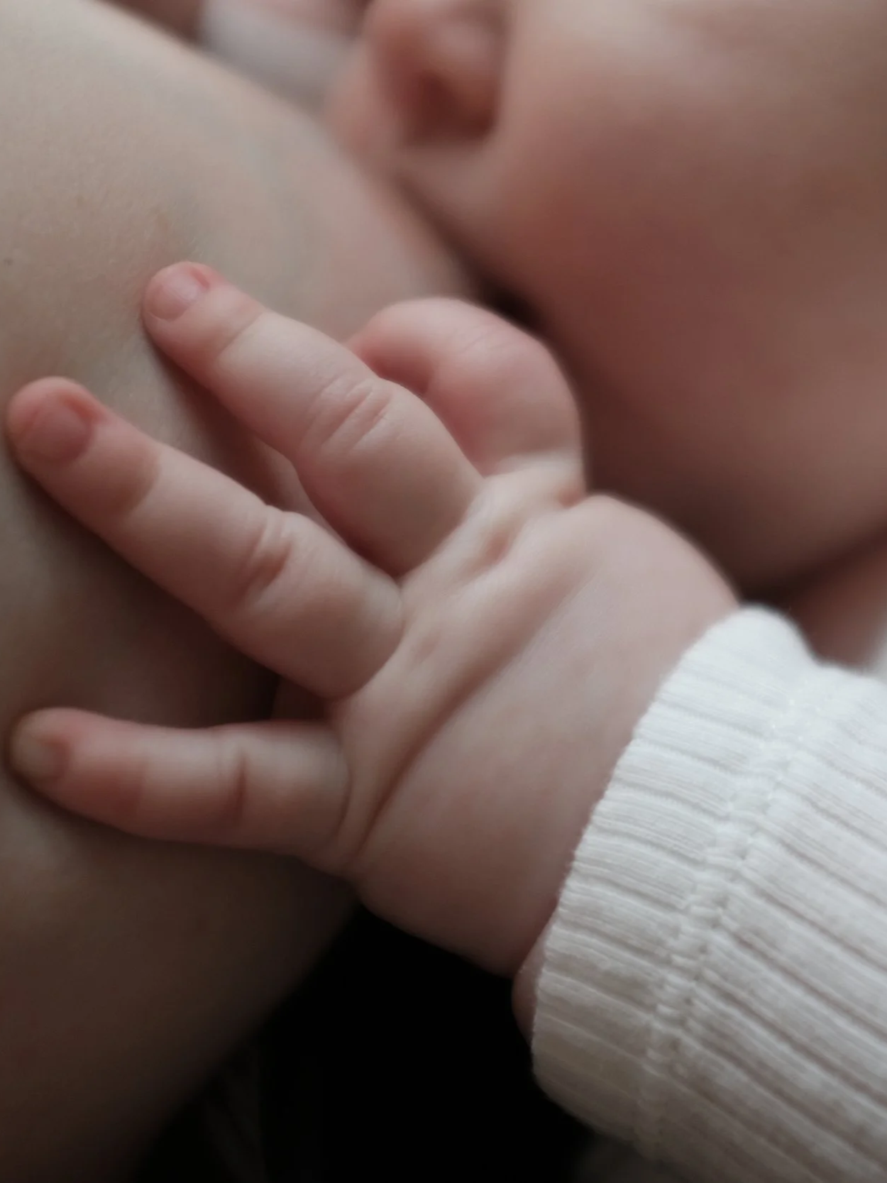 Close-up of a baby holding an adult's skin or finger, with the baby wearing a white long-sleeve shirt.