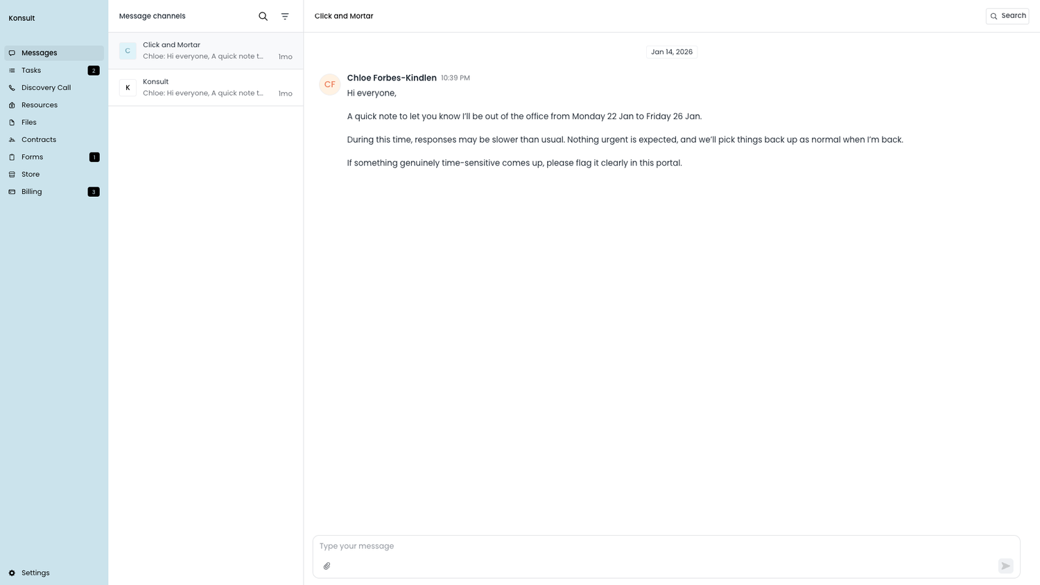 Screenshot of an Assembly client portal message view, with a left sidebar listing Messages, Tasks, Discovery Call, Resources, Files, Contracts, Forms, and Billing.