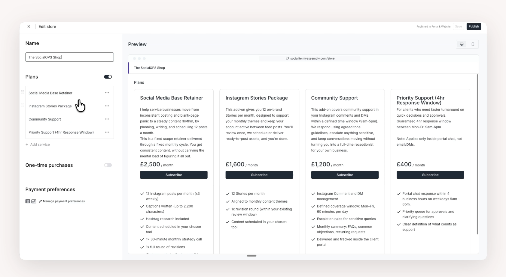 Assembly interface prompting creation of a storefront for selling services and giving client portal access.