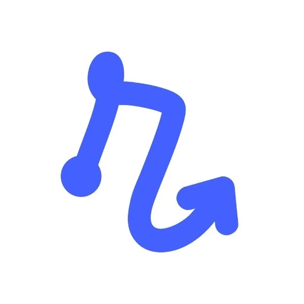 Relay.app logo. Blue hand-drawn arrow icon with curved lines on a white background.