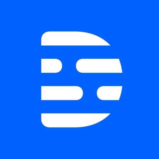 Descript video editing app logo featuring a stylized white letter 'D' with horizontal bars inside on a blue background.