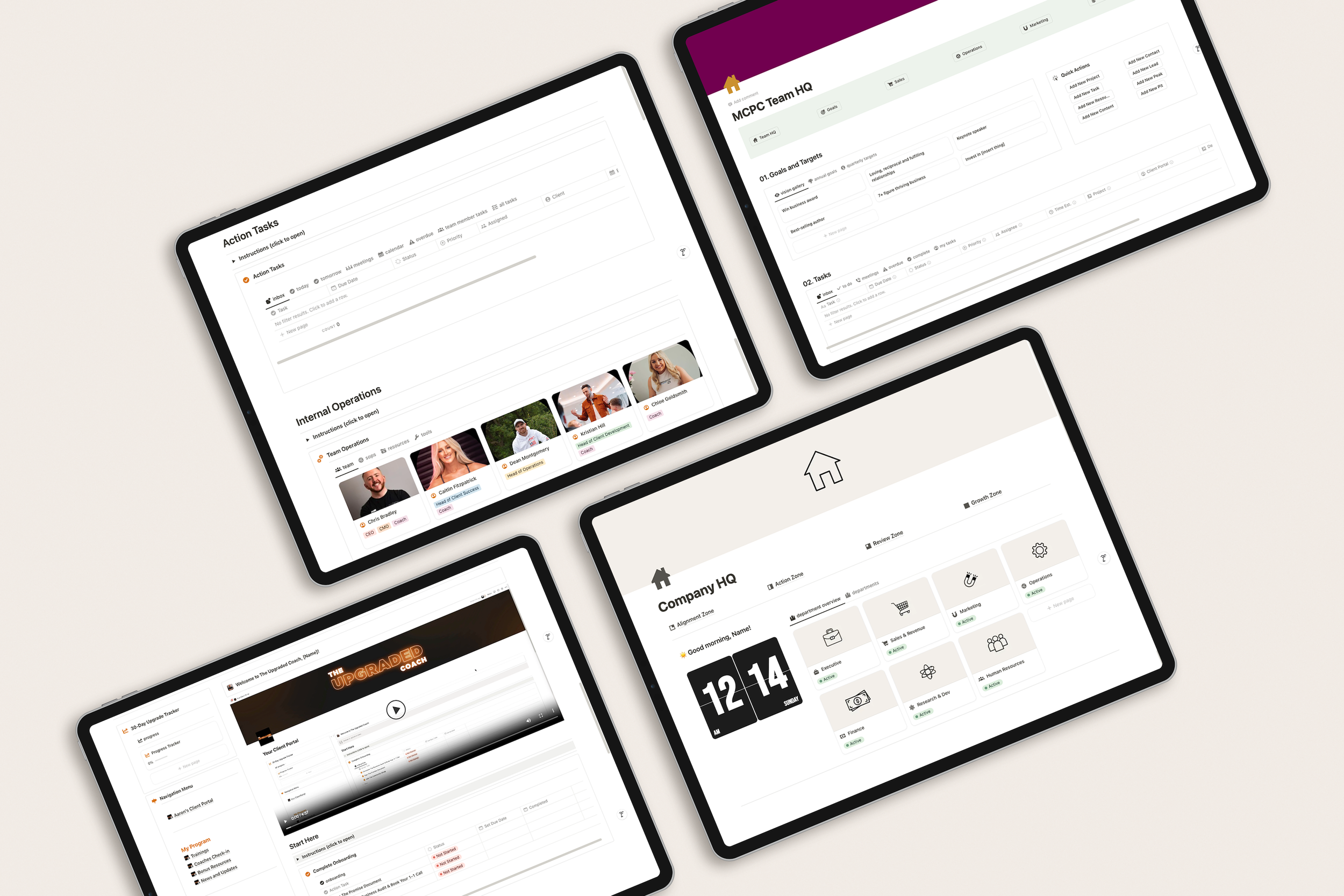 Four tablets displaying business planning and management software interfaces, featuring action tasks, team headquarters, internal operations, and company HQ designs.