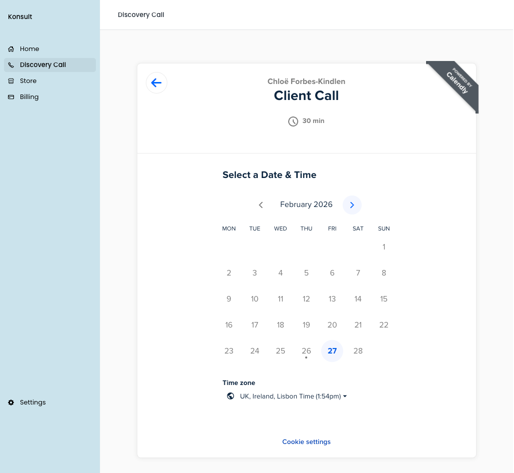 Assembly portal “Discovery Call” page showing a booking calendar for a 30-minute client call, with a sidebar limited to Home, Discovery Call, Store, and Billing.