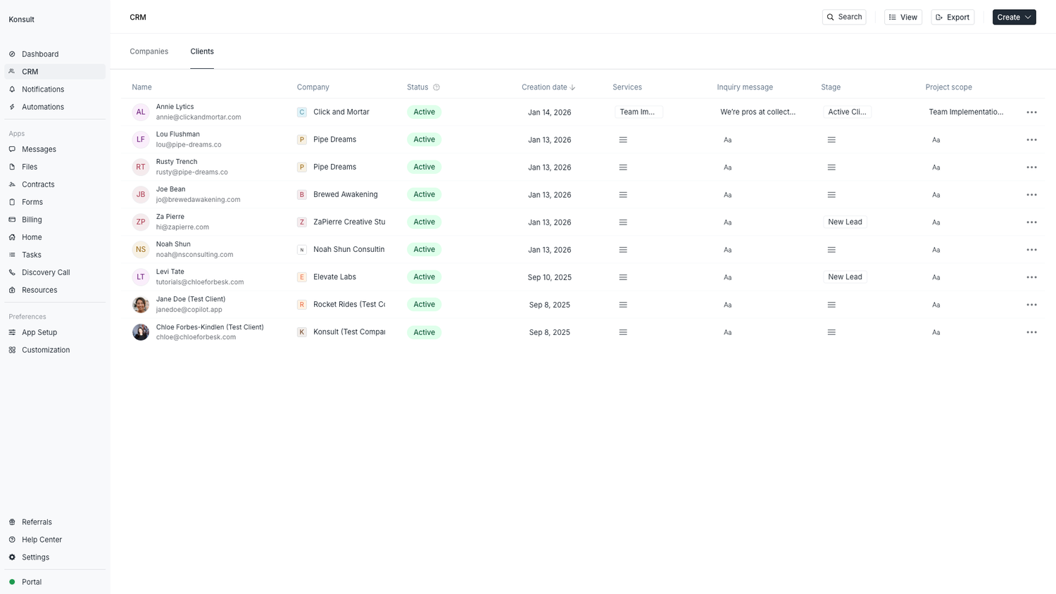 Assembly CRM clients dashboard showing a table of client names, companies, status, creation date, services, stage, and project scope.