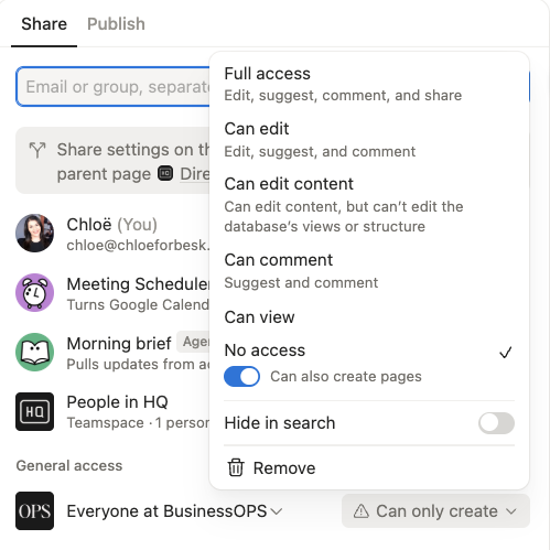 Notion database permission settings showing option for users to create pages with defined access levels