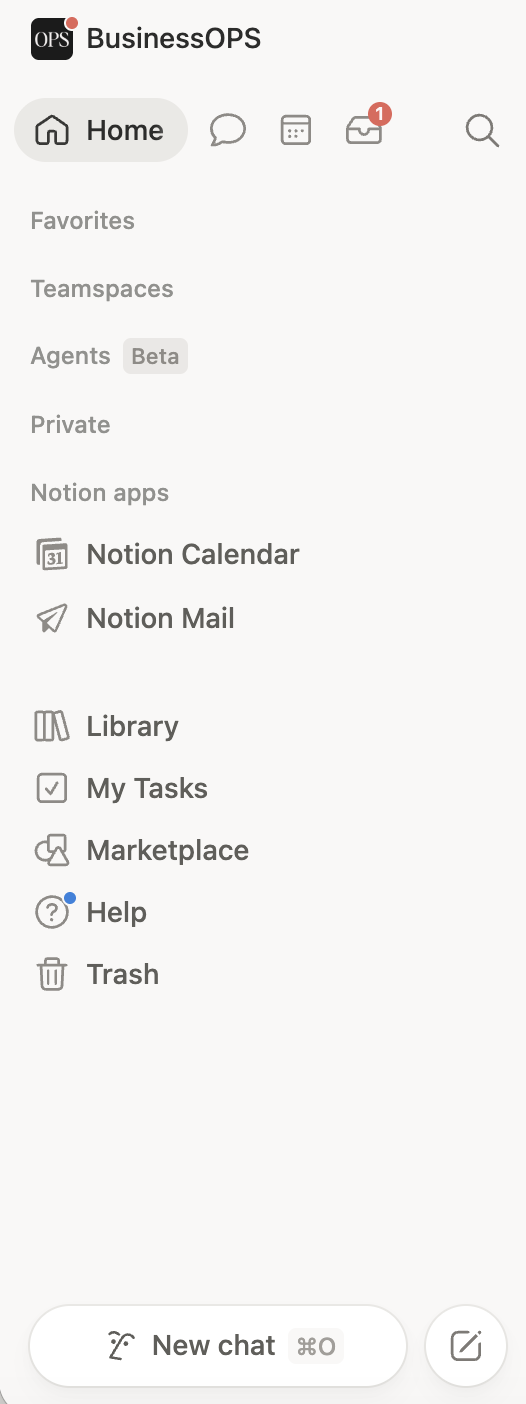 Notion new sidebar layout showing home, agents, inbox, teamspaces and Notion apps navigation