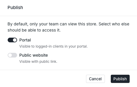 Publish settings in Assembly showing options to make the store visible in the client portal or public website.
