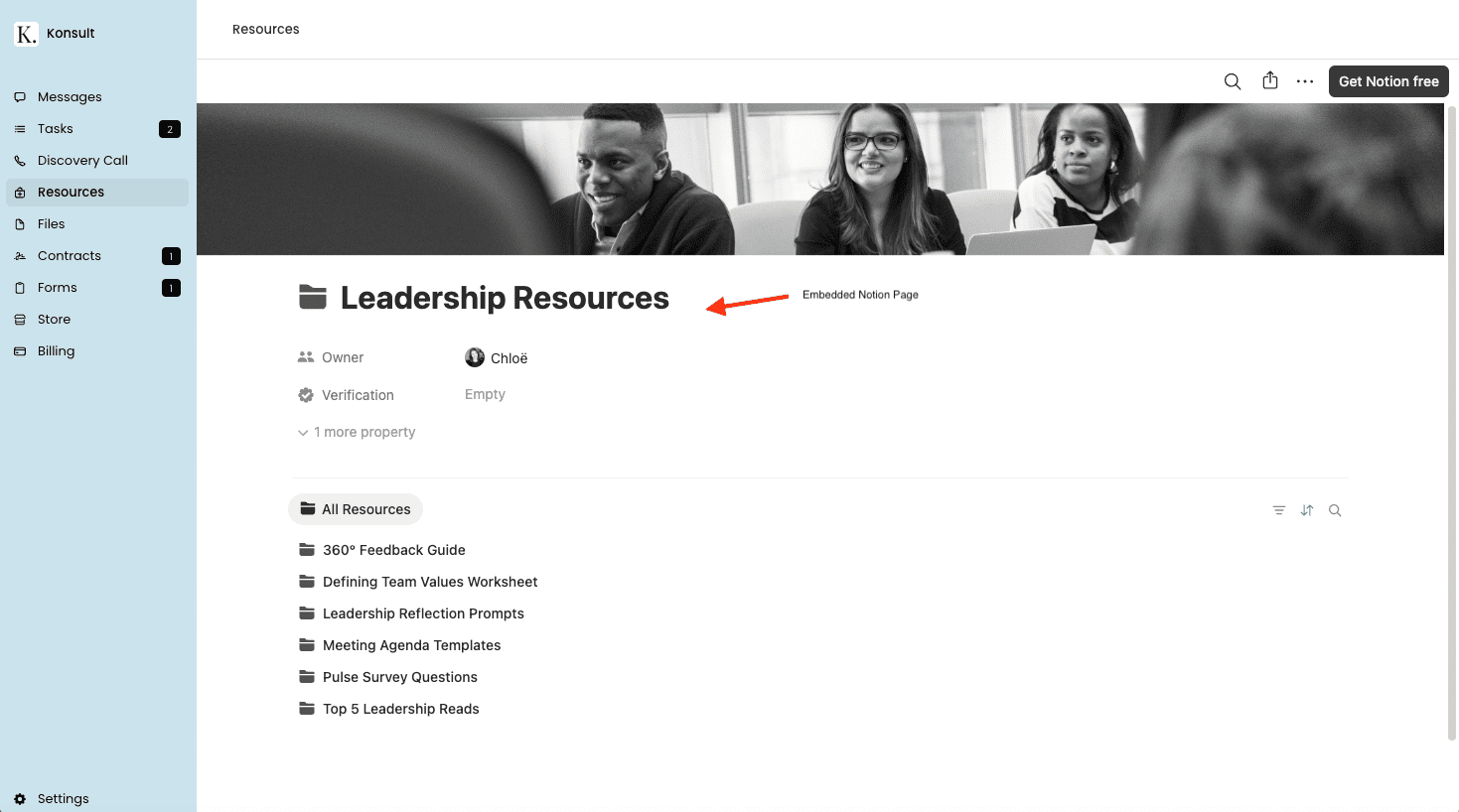 Assembly Resources page showing an embedded Notion page titled “Leadership Resources”, with a red arrow pointing to the embed label.