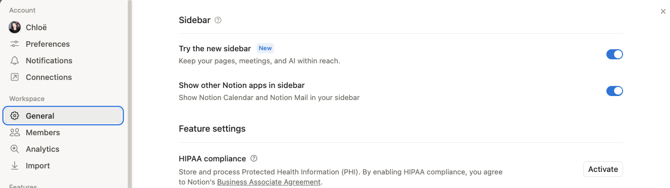 Notion settings page showing option to enable new sidebar layout under general workspace settings