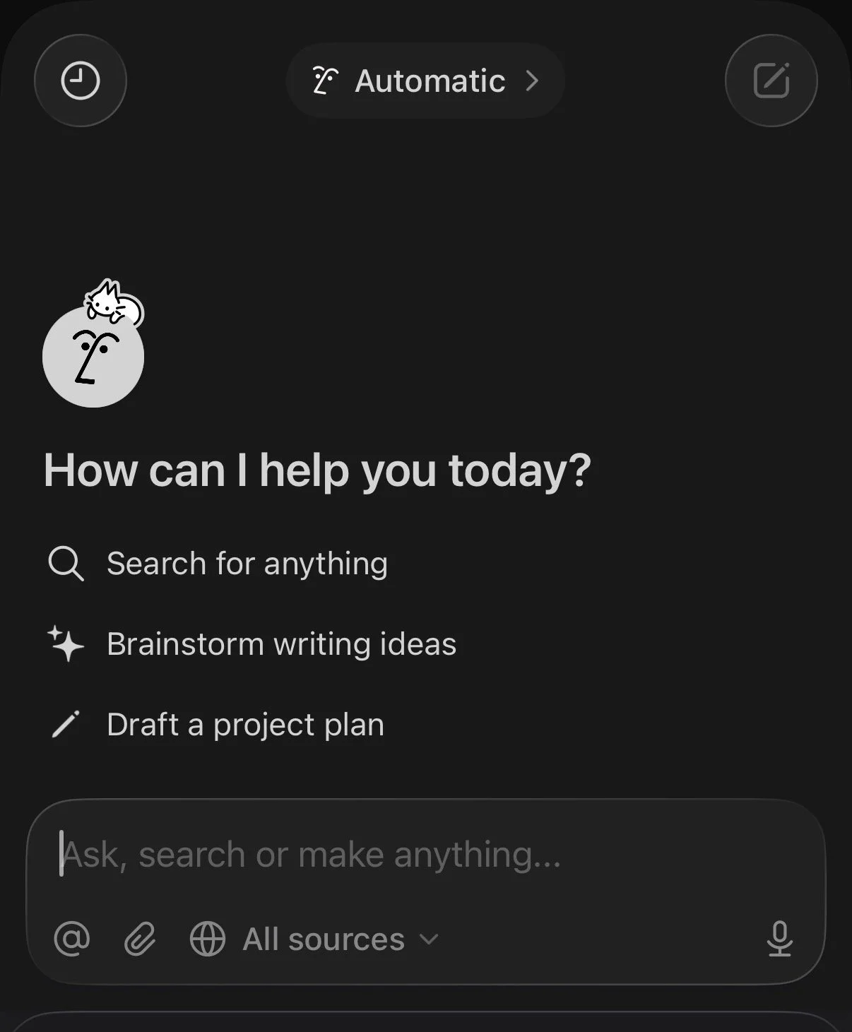 Notion mobile AI interface showing search, brainstorming ideas and drafting options in the home screen