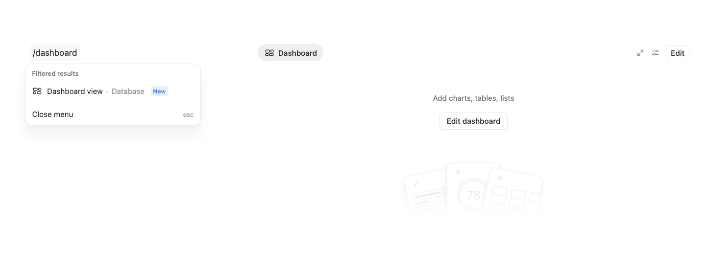 Notion dashboard view option showing how to create a new dashboard from database view menu