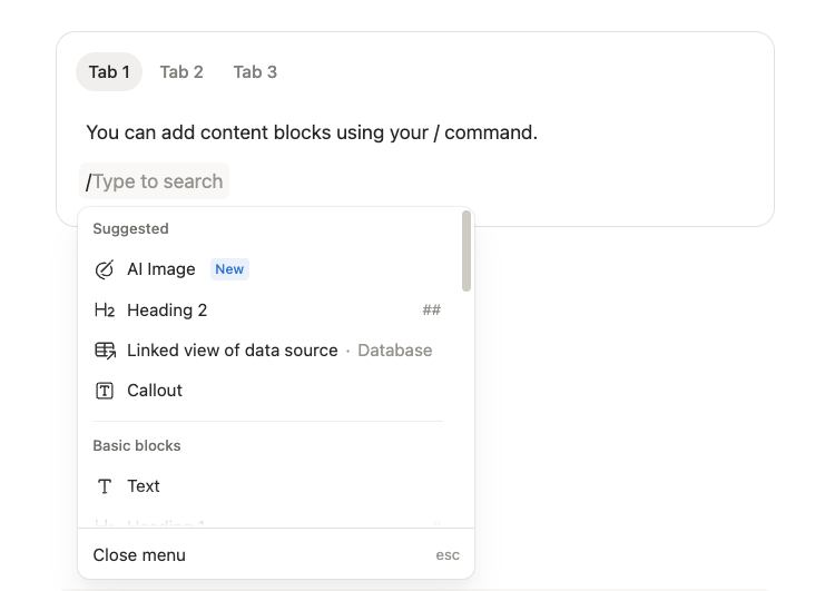 Notion tabs block showing Tab 1, Tab 2 and Tab 3 with content organised into sections using tabs
