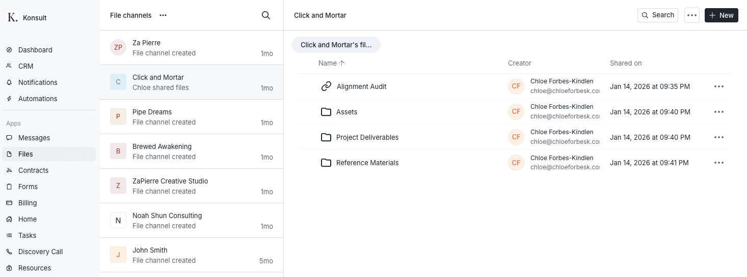 Assembly Files view showing file channels on the left and a list of shared files for a client workspace on the right.