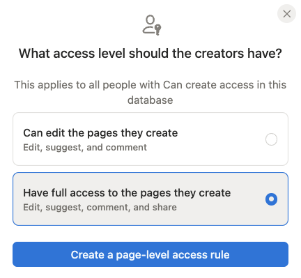 Notion share settings showing no access with ability to create pages and different permission levels like full access and can edit