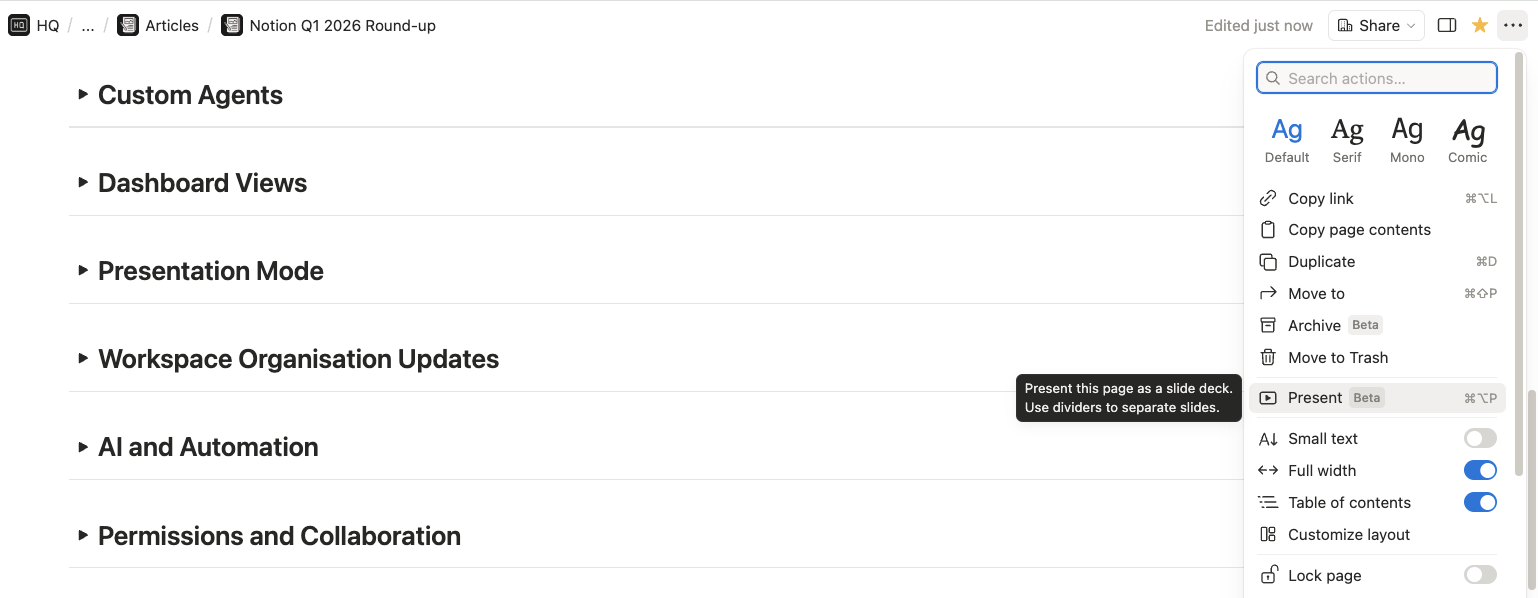 Notion page settings menu showing Present option for turning a page into presentation mode