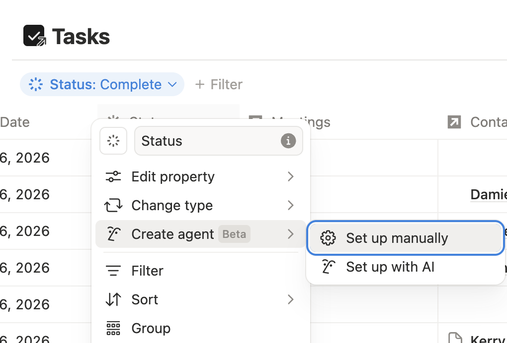 Notion database property menu showing create agent option with manual and AI setup choices