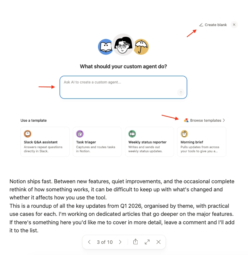 Notion Custom Agents setup screen showing prompt input field and agent templates like task triager and weekly status reporter