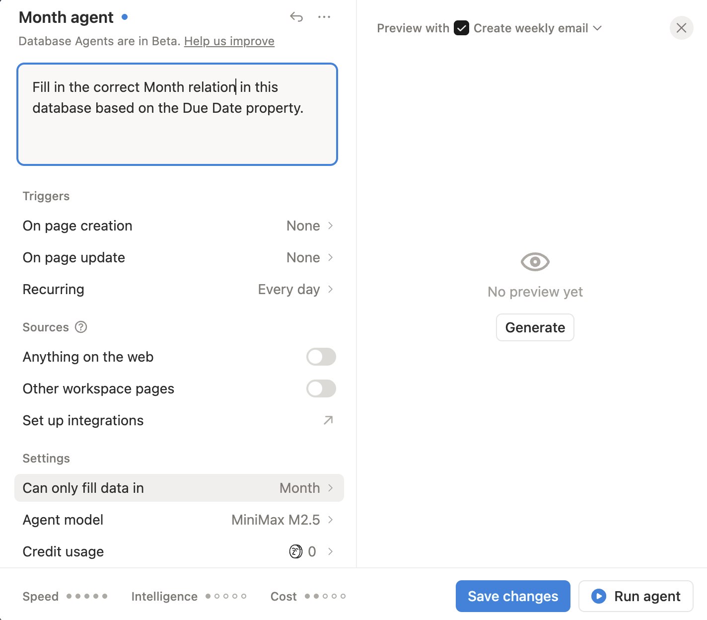 Notion database agent settings showing instructions, triggers, sources and preview panel for automation setup