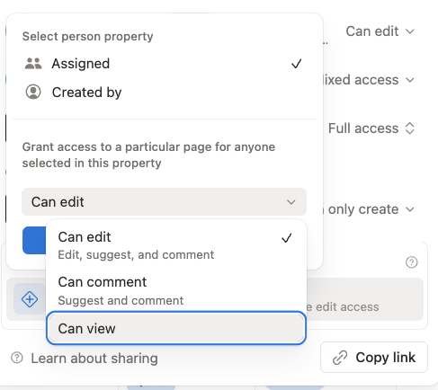 Notion page-level access settings showing person property selection and permission levels like can edit, comment and view