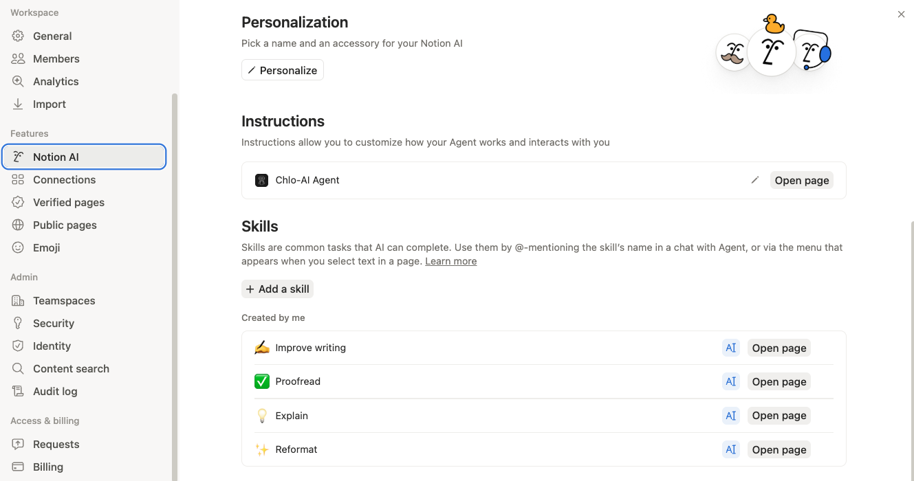 Notion AI settings showing skills section with options to create and manage reusable AI prompts
