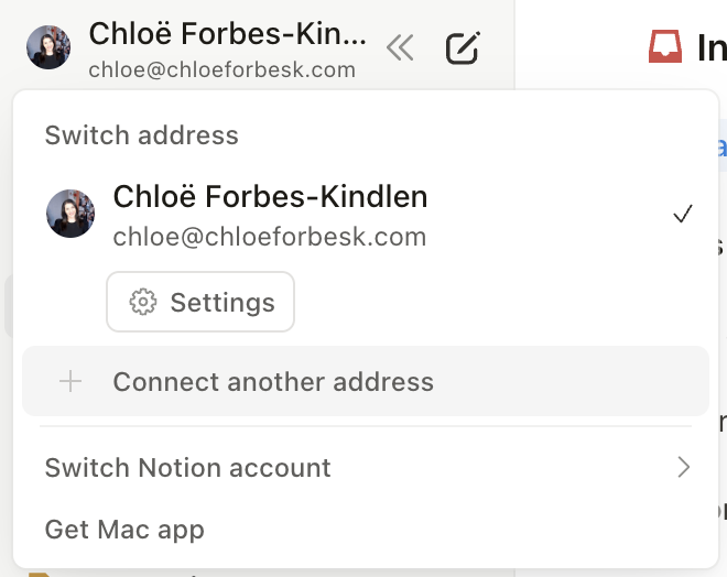 Notion mail settings showing option to switch email address and connect another account