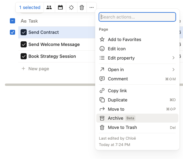Notion database item menu showing archive option to archive a page directly from a database