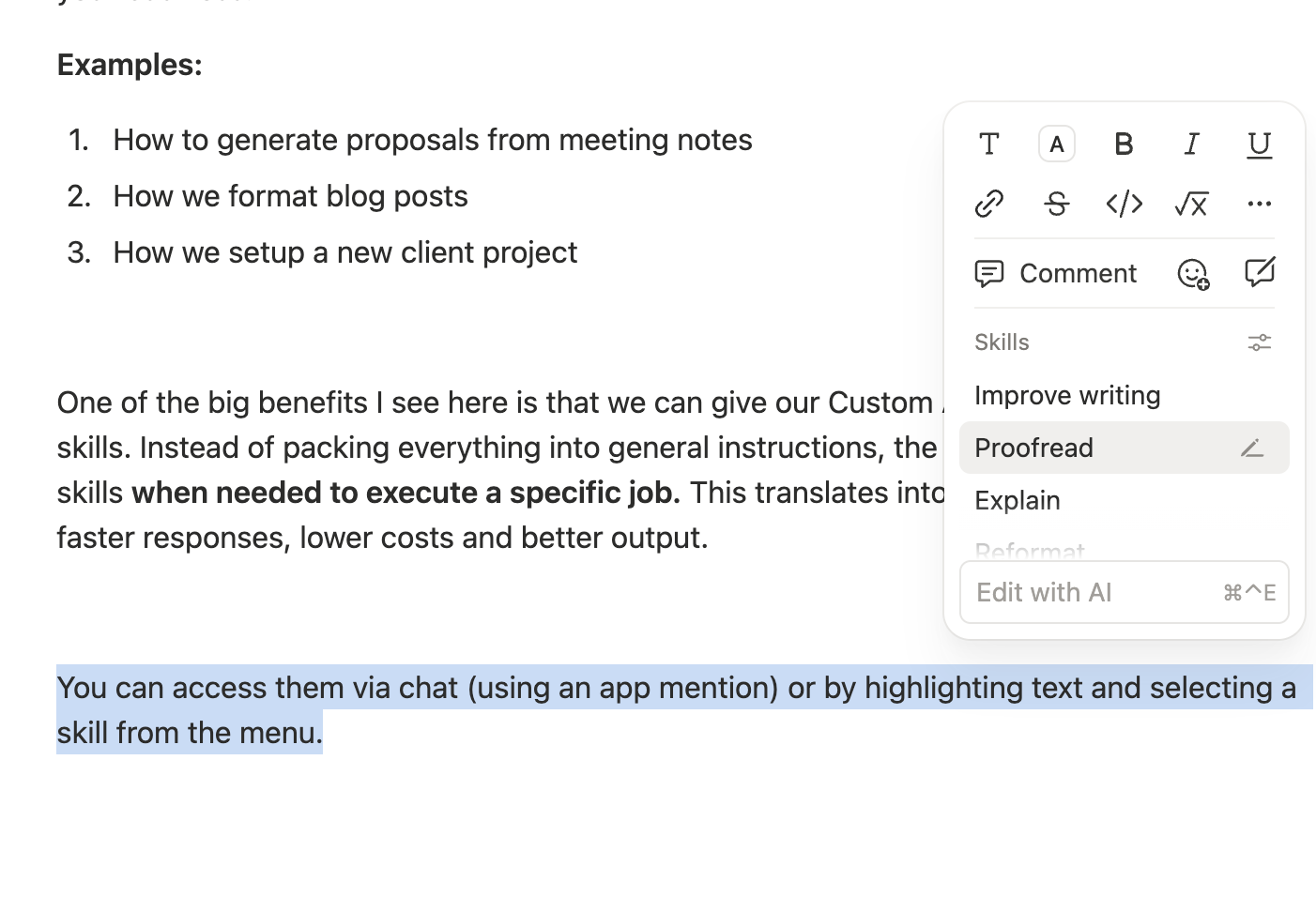 Notion AI skills menu appearing when text is highlighted showing options like improve writing, proofread and explain