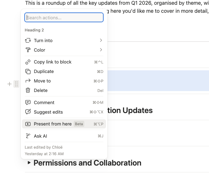 Notion block menu showing Present from here option to start presentation mode from a specific section