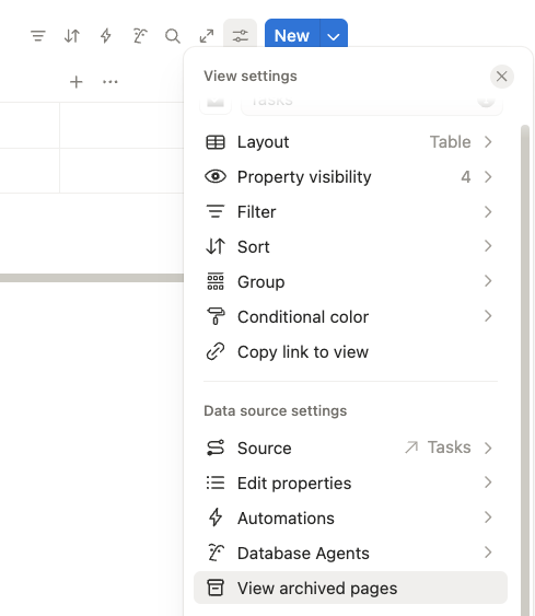 Notion database view settings showing option to view archived pages within a database