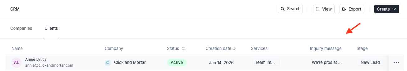 Assembly CRM leads table showing a new lead row, with a red arrow pointing to the “Inquiry message” column.